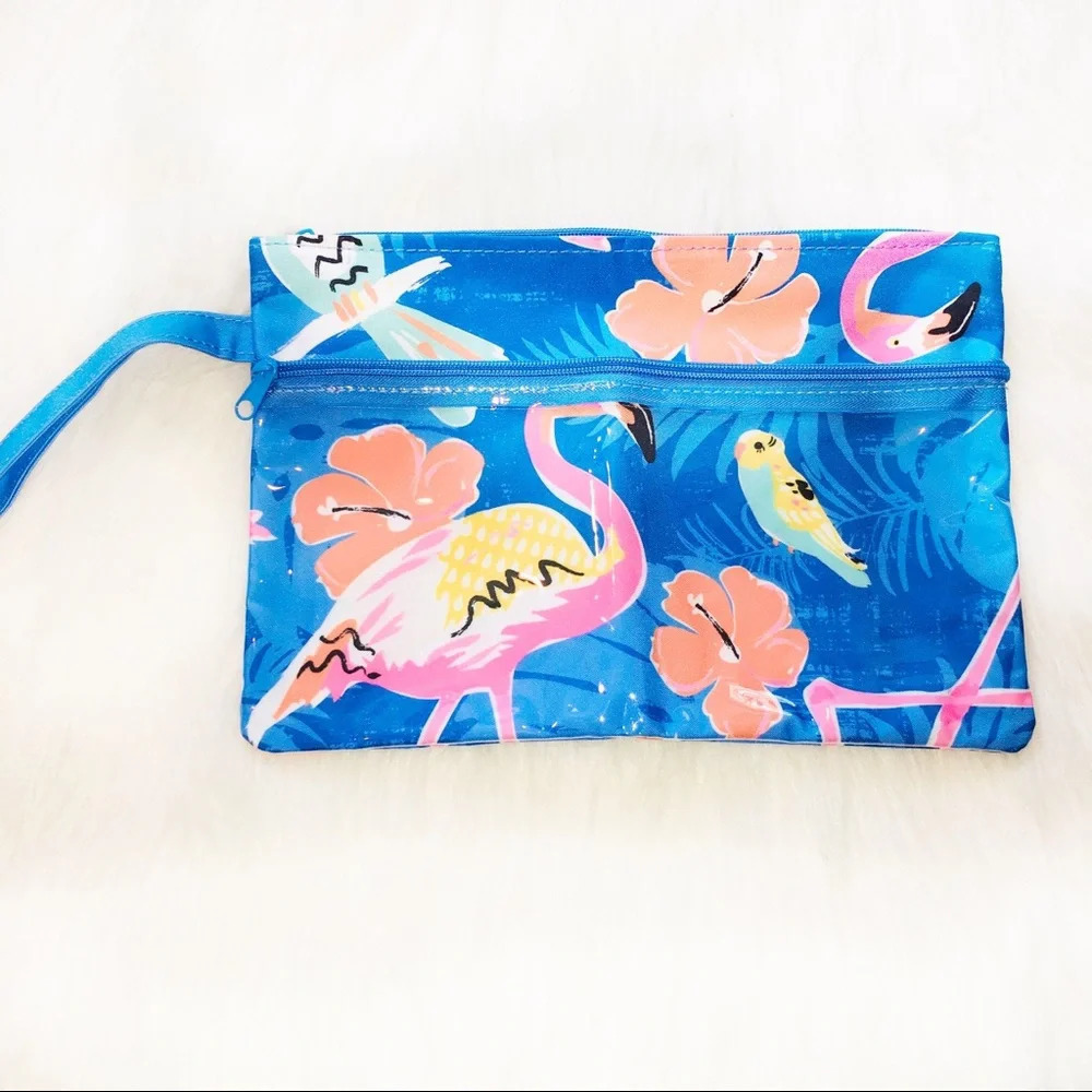 Tropical flamingo vacay travel cosmetics bag